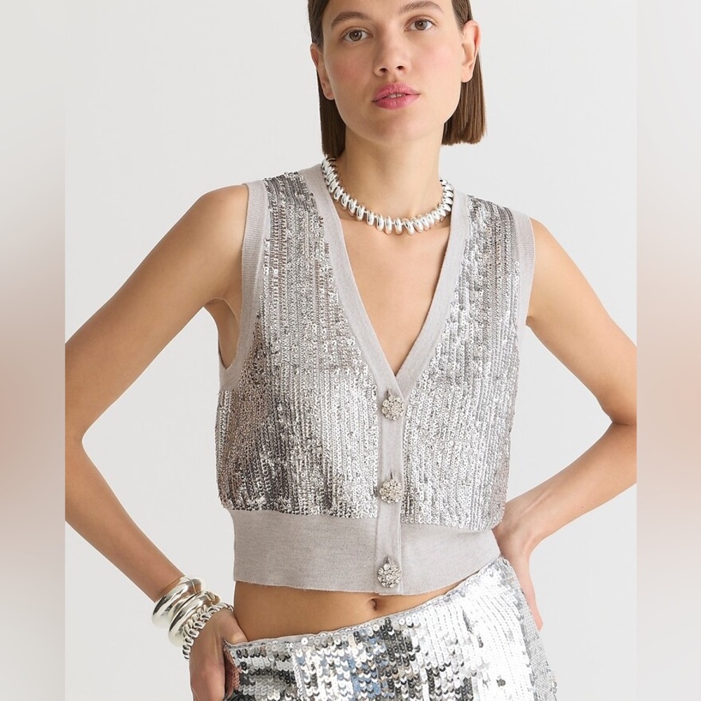 Jcrew Merino wool V-neck sweater-vest in silver sequin